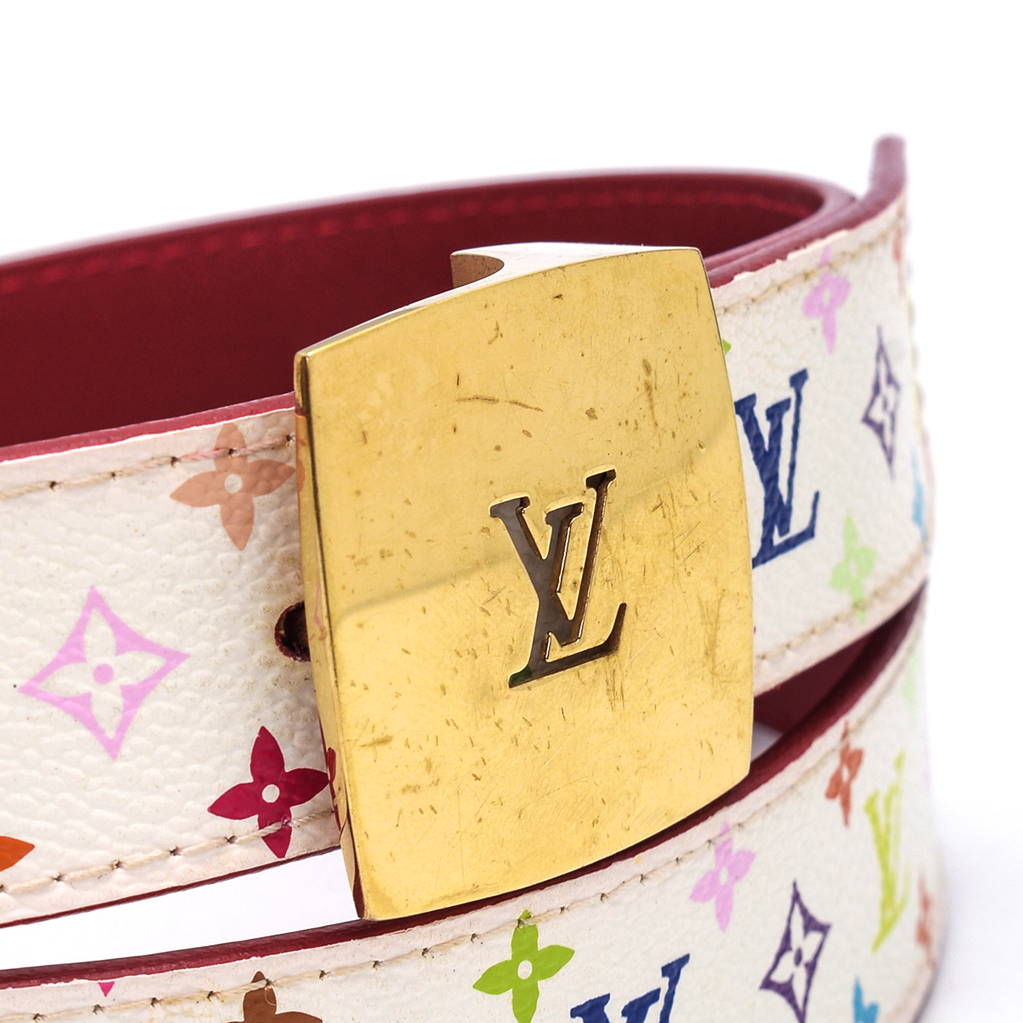 Louis Vuitton - White Multicolor Canvas Vintage Gold Buckle Belt